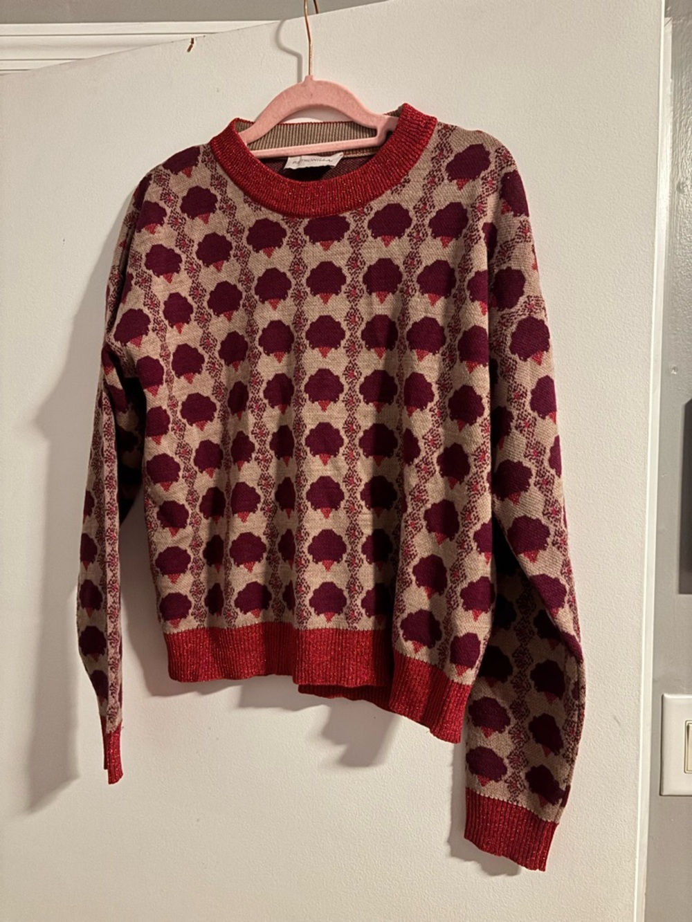 Women's Crewneck Pattern Sweater in Purple, Pink and Beige